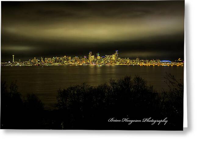 Seattle Skyline by Night Greeting Card photography artwork by Brian Hougesen