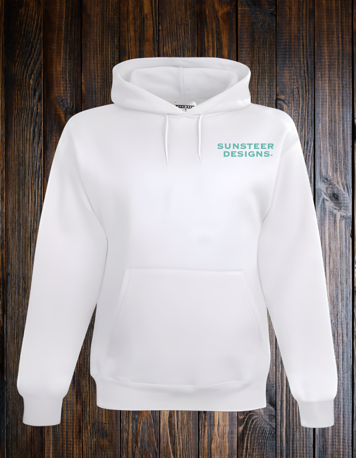 White hoodie with a turquoise SunSteer Designs text on the left chest on a wooden background